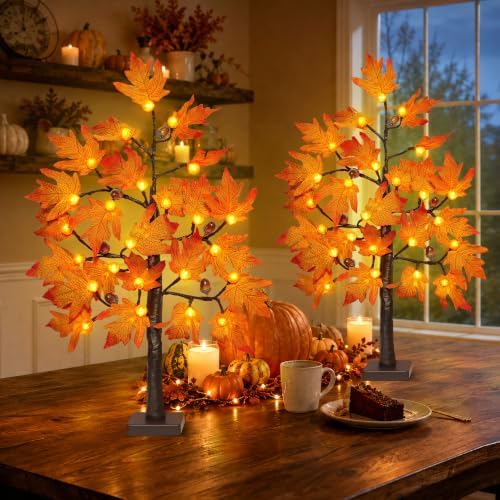 [Timer] 2 Pack 24 Inch Fall Maple Tree Fall Thanksgiving Decorations with 48 Lights, Battery Operated Lighted Pumpkin Acorn Artificial Tree for Thanksgiving Table Decorations Indoor Home Fall Decor - Image 6