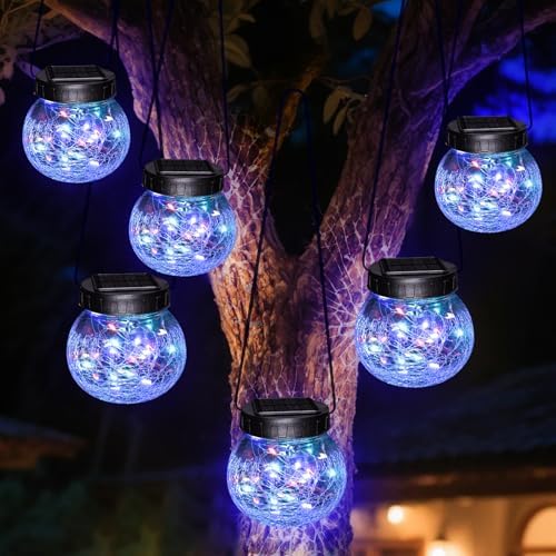 kolpop 6 Pack Solar Lantern Outdoor Lights, Multi-Coloured Solars Lanterns with 30 LED, Crackle Glass Ball Waterproof Hanging Solar Lights for Garden Decor Patio Fence Yard Christmas Tree Decoration by kolpop