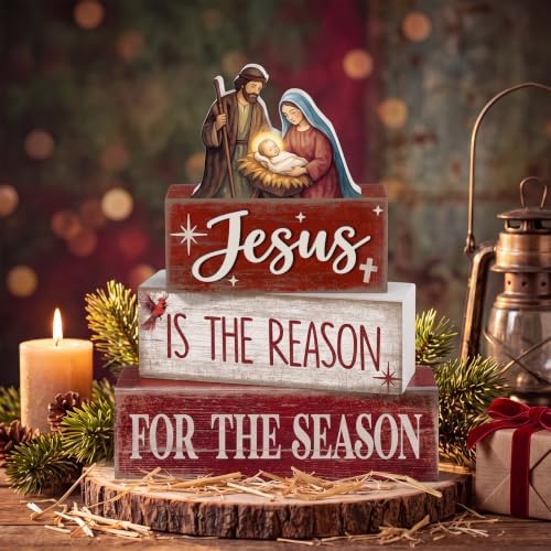 Lineshading 4 Pcs Christmas Jesus Table Decoration Christian Wooden Stacked Block Decor, Merry Christmas Nativity Scene Tiered Tray Decor Rustic Religious Xmas Decoration for Home Office Church - Image 2