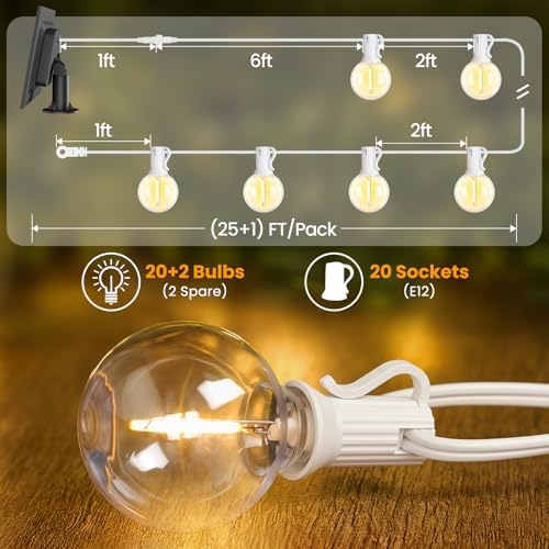 Mlambert 50FT(25FTx2) Solar String Lights with 20+2 LED G40 Bulbs, White - Image 3