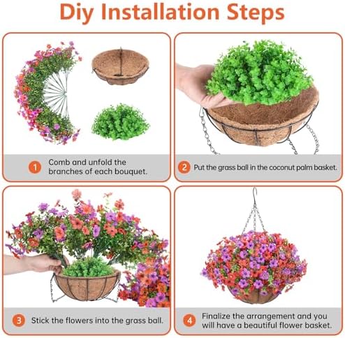 Artificial Hanging Faux Flowers Basket, Fake Silk Daisy Eucalyptus Plants Arrangement,for Spring Summer Outdoor Decoration,UV Resistant, Coconut Planter,Look Real for Home Garden Decor (Purple Red) - Image 6