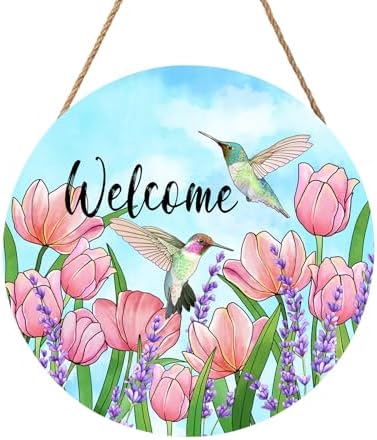 Welcome Spring Summer Hummingbirds Sign for Front Door Decor Spring Floral Wood Door Hanger Sign Spring Decorations Seasonal Farmhouse Wreath Wall Hanging Sign for Home Outdoor Outside Porch 12”x12” by welcometoourhome