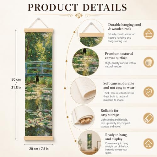 Bridge Cat Porch Decor Banner, 31.5 x 7.8 Inch Canvas Hanging Banner with Wooden Rods, Water Garden Wall Accent for Entryway, Patio, Living Room, Indoor Outdoor Display - Image 2