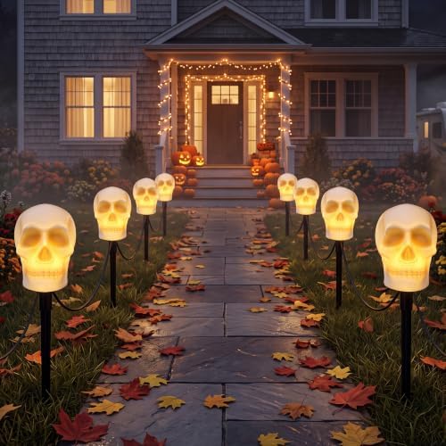 C7 Halloween Skull Pathway Stake Lights, 7 Ft Halloween Pathway String Lights with 4 C7 Bulbs, Stake, Halloweens Decorations Driveway Markers Lights for Outdoor Holiday Garden Walkway Party Lighting by Doratale