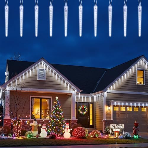 Brightown Christmas Meteor Shower Icicle Lights Outdoor, 2 Pack Total 40ft with 40 Large Tube 960 LED Dropping Effect, Waterproof Decorations for House Eave Roofline, Cool White by Brightown
