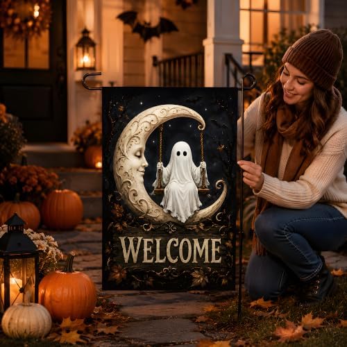 Halloween Decorations - Ghost Swinging on Moon Welcome Garden Flag - Image 7