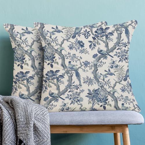 CXMEIFLY Spring Pillow Covers 20 x 20 Inch Set of 2 for Navy Blue Chinoiserie Flowers Bird Decor Throw Pillows Vintage Floral Plant Outdoor Decorative Cushion Cases for Couch Bed Decorations - Image 2
