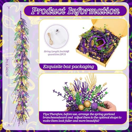 6 Ft Mardi Gras Purple Green Gold Glitter Vine Garland for Front Door Carnival Party Wreath Glitter Hanging Garland Mardi Gras Party Home Decor Garlands for Indoor Outdoor Mantle Staircase Railing - Image 3