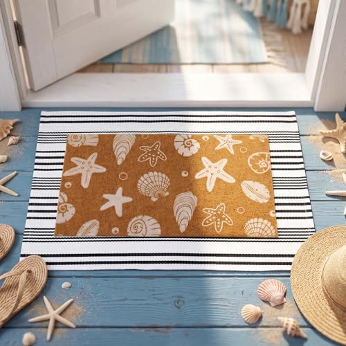 Duraaamo 2 Pcs Beach Door Mats Outdoor 16'' x 28'' Coastal Seashell Starfish Doormat 24'' x 35'' Non Slip Nautical Black White Stripe Outdoor Rug for Entrance Indoor Entryway Beach Lake House Decor - Image 4