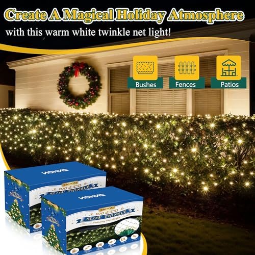 Enhon Slow Twinkling Christmas Net Lights, 6 x 4 ft Net, 100 Bulbs Twinkle Pulsing, 5mm LED Wide Angle Soft Random Shimmering Outdoor Light Set with Green Wire, Warm White(2 Pack) - Image 7