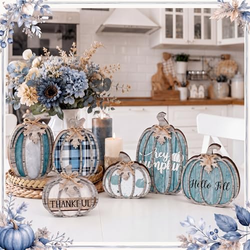 Leinuosen 6 Pcs Blue Fall Pumpkin Decor, Thanksgiving Table Centerpiece - Image 2