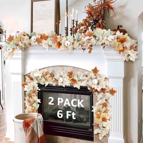 Neutral Fall Garland for Mantle Fireplace - 2 Pack 6Ft Outdoor Autumn Leaves Decor for Home Front Door with Pumpkins Indoor Maple for Farmhouse Table Stairs Porch Halloween Thanksgiving Decorations - Image 5