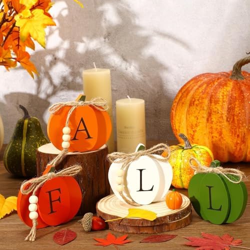 PETKNOWS 4Pcs Fall Pumpkin Wooden Signs for Thanksgiving Tiered Tray Decor - Image 2
