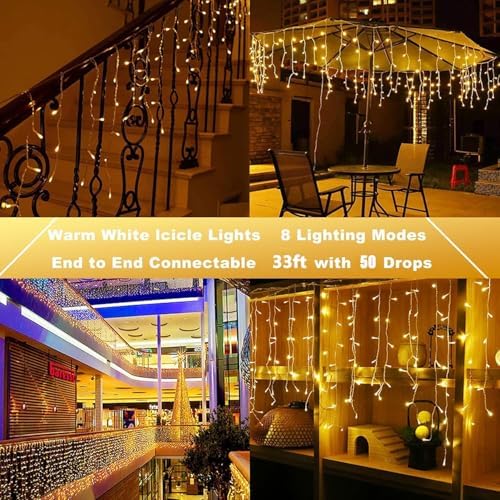 Joomer 33FT Christmas Icicle Lights Outdoor Connectable Warm White - Image 4