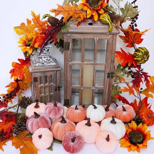 Winlyn 16 Pcs Assorted Artificial Velvet Pumpkins Blush Coral Pink Peach Cream Decorative Fabric Foam Pumpkins for Fall Wedding Baby Shower Thanksgiving Pastel Halloween Wreath Table Décor - Image 6