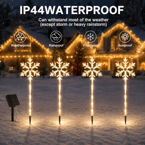 Solar Christmas Pathway Lights Outdoor, 8 Pack White Snowflake Garden Stake Lights – Waterproof Solar Powered Decorations for Patio, Yard, Lawn & Porch （Warm White） - Image 2