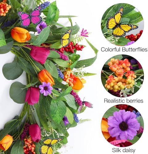 Sggvecsy Spring Summer Wreath for Front Door 22 Inch Artificial Tulips Wreath with Eucalyptus Leaves Lavender Ferns Colorful Silk Flowers Butterflies for Home Farmhouse Indoor Outdoor Wall Decor - Image 6