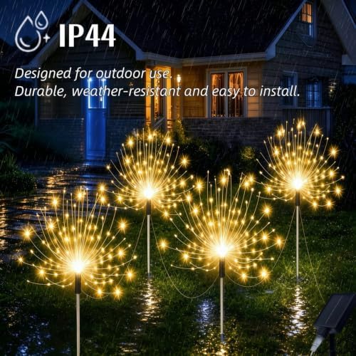 Solar Firework Garden Lights Outdoor, 4 Pack 240 LED Warm White Solar Firefly Lights with 8 Modes, Waterproof Solar Garden Decorative Lights for Yard Patio Pathway Lawn Flowerbed Backyard Decor - Image 2