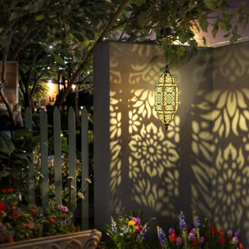 Twinkya 2 Pack Hanging Solar Lights Outdoor Garden Decorative Solar Lantern Waterproof Metal Moroccan Outdoor Decorations for Patio Pathway Yard Porch Backyard Garden Decor (Gold, 2 Pack) - Image 2