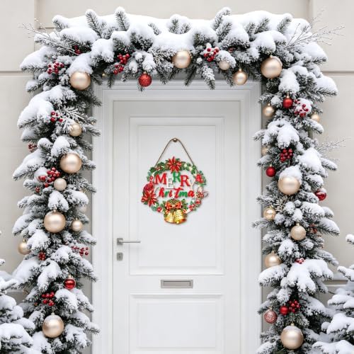 Harooni Merry Christmas Sign Wreath for Front Door Decor 11x11in Retro Cardinal Bird Xmas Sign Hanging Door Decor Vintage Christmas Front Porch Sign Farmhouse Porch Wall Indoor Outdoor Xtmas Holiday - Image 4