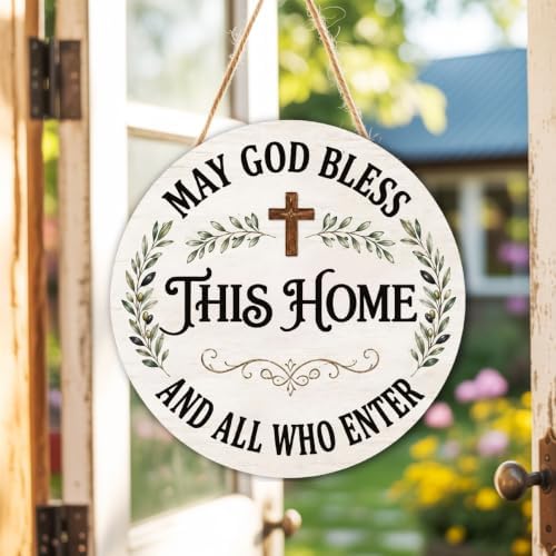 May God Bless This Home Wooden Hanging Sign for House Front Door, Christian Religion Welcome Sign for Porch Garden Patio - Image 5
