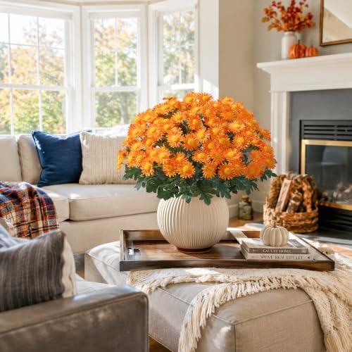 HyeFlora Artificial Fall Faux Mums Flowers Outdoor Plants for Decoration, 6 Bundles Fake Silk Orange Gerbera Daisy Flowers UV Resistant Look Real for Planter Outside Front Door Porch Patio Balcony - Image 5