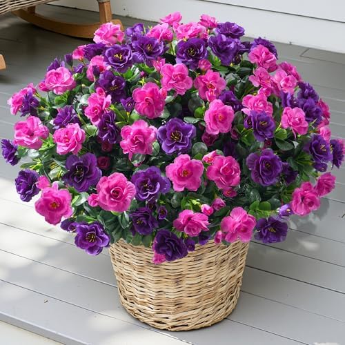 Artificial Faux Outdoor Flowers Plants for Spring Summer Decoration, Fake Silk Camellia UV Resistant Look Real for Planter Outside Front Door Porch Patio Balcony, 3 Large Bundles (Purple+Fuchsia) - Image 2