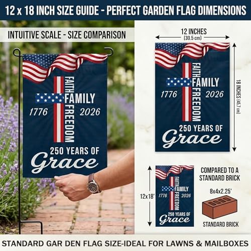 Waterproof Thickened 250 Anniversary Usa Flag, Outdoor Usa 250th Anniversary Merchandise God Bless America Small Garden Flags for Outside, 4th of July Patriotic Flags 12x18 Double CROSS FAITH FREEDOM - Image 2