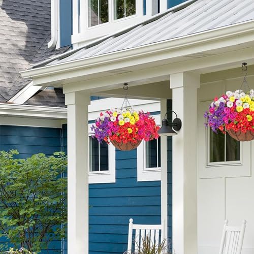 Artificial Faux Hanging Flowers Plants Basket for Outdoors, Silk Morning Glory with Eucalyptus in Planter Look Real UV Resistant Fake Flowers for Porch Outside Patio Balcony Yard Indoor Fall Decor - Image 2