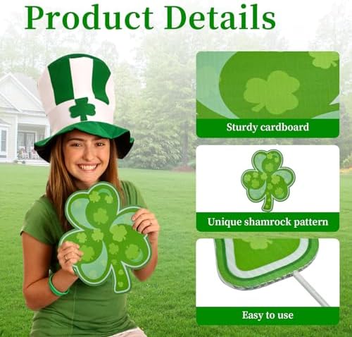 10 Pieces St. Patrick's Day Decorations Outdoor Yard Garden Porch Lawn Sign - 5 Assorted Shamrock Design 12.6 x 11 Inches Large Green Clover Signs with Stakes for Saint Patrick Irish Theme Party Favor - Image 3