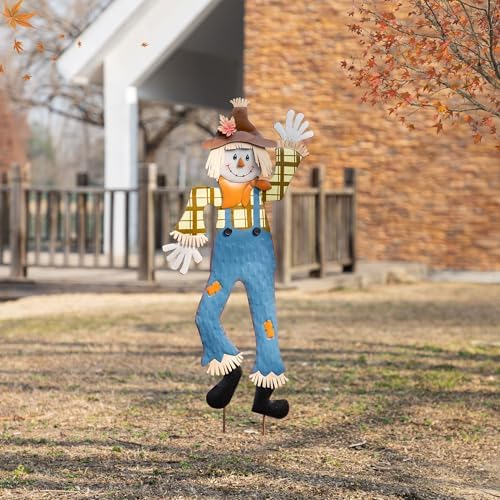 Glitzhome Fall Outdoor Decorations,Fall Thanksgiving Metal Scarecrow Garden Stakes,36"H Cheerful Scarecrows Yard Signs,Fall Scarecrow Yard Stakes for Patio Pathway Autumn Harvest Decorations, Set of 2 - Image 5