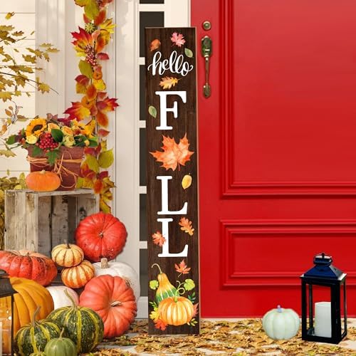 Hello Fall Welcome Sign for Front Porch Standing, Wooden Porch Sign with Leaves for Front Door Decorations, Rustic Farmhouse Hanging Wall Sign for Harvest Thanksgiving Decor 47.2"H by JYKCUL