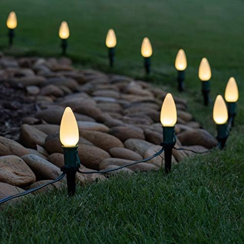 Wintergreen Lighting 25’ OptiCore LED Warm White Smooth/Opaque Pathway Christmas Lights, C9 Outdoor White Christmas Lights, 4.5” Stakes, Green Wire Plug String Lights - Image 2