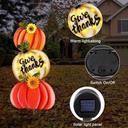 Fovths 39 Inches 3 Pieces Thanksgiving Metal Outdoor Fall Decorations, Giant LED Pumpkin Garden Lawn Patio Yard Signs, Metal Fall Waterproof Yard Sign for Home Thanksgiving Harvest Driveway Decor - Image 6