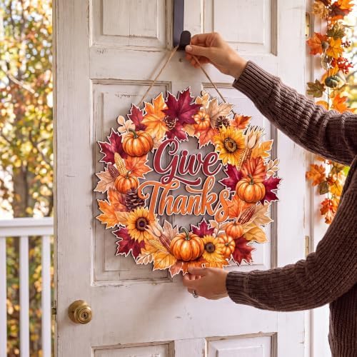 Yalikop Thanksgiving Door Sign Wreath Wooden Fall Give Thanks Hanging Sign Autumn 3D Hollow Maple Leaf Pumpkin Front Door Hanger Wall Decor for Harvest Porch Indoor Outdoor Home Decorations - Image 3