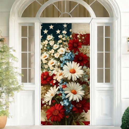 Front Door Covers Decorative, Independence Day Flower Design Door Curtain 70.8 x 35.4 Inch for Porch Outdoor Indoor Home Decor by AOHMPT