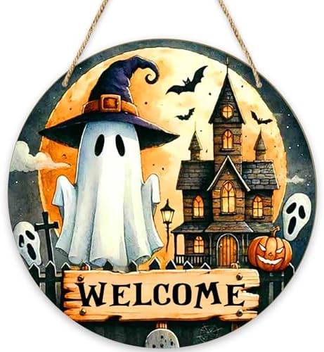 Ghost Decor Halloween Welcome Sign for Front Door Porch, Haunted House Home Door Wall Decor, Farmhouse Autumn Party Outdoor October Halloween Decorations Gifts -04 by HOME