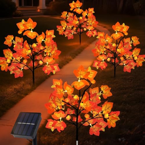 Lmtocs 4 Packs Solar Fall Thanksgiving Decorations Outdoor, 80LED Maple Leaf Pumpkin Fall Lights for Outdoor Fall Decorations, Waterproof Thanksgiving Lights for Yard, Pathway Harvest Decor by Lmtocs