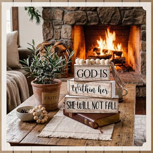Lineshading 4 Pcs Wooden Blocks God Is Within Her Farmhouse Decor - Image 2
