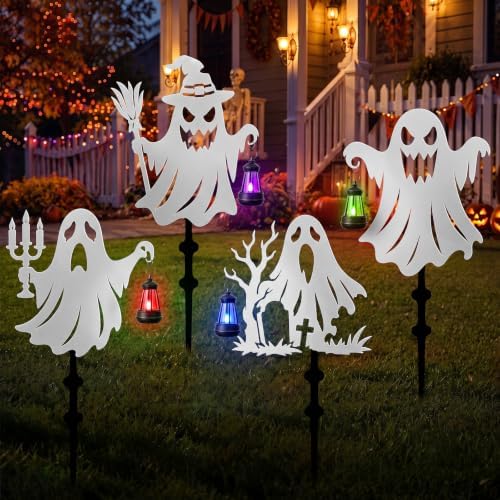 KODIBO Halloween Decor 4-Pack Metal Ghost Garden Stakes with Solar Lanterns by KODIBO