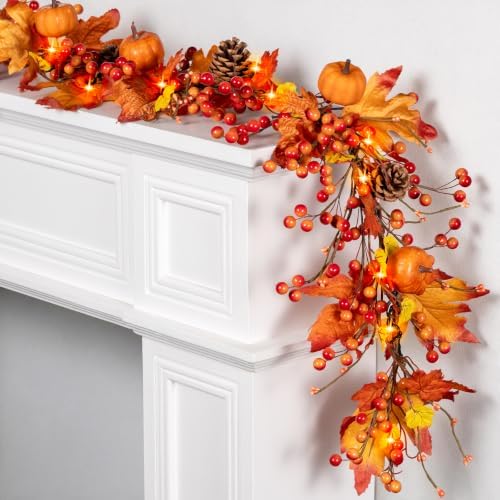6 FT Fall Garland with 20 Lights & Timer, Pre-lit Lighted Fall Leaves Garland with Pumpkins Pine Cones Berries, Battery Operated Autumn Berry Garland Decor for Mantle Table Fireplace Thanksgiving by MISF