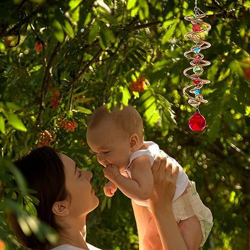 FONMY Gazing Ball Spiral Tail -Decorative Wind Spinner Sun Catcher Rainbow Maker Copper Double-Spiral W/Red Crystal Ball and Chain Crystals Beads for Indoor Outdoor Garden Decoration -14 inch Height - Image 3