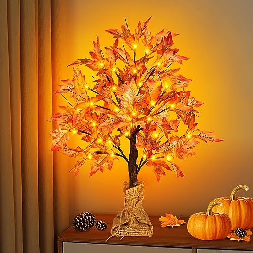 FastDeng 2FT Fall Lighted Maple Tree, 24 Inch Tabletop Artificial Tree with 36 LED Lights, 72 Leaves, 6 Acorn, Timing Battery Operated with Burlap Base for Indoor Autumn Harvest Home Decor by FastDeng