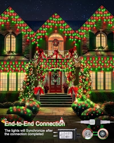 106 FT Christmas Lights Outdoor, 972 LED Waterproof Outside Christmas Lights Plug in, Connectable 8 Modes Hanging Fairy Lights with 216 Drops for House Eaves Yard Patio Decoration, Red and Green - Image 2