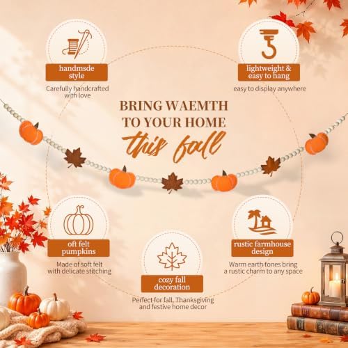 6.8 FT Fall Pumpkin Garland with Maple Leaves and Wood Beads, Autumn Decor - Image 4