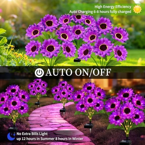 Solar Garden Lights Outdoor, 4 Pack Solar Purple Sunflower Lights with 18 Head 3.5 Inch Flowers, Waterproof Flowers Light Fall Decor Auto ON/Off for Garden Yard Patio Backyard, Gifts for Mom Women - Image 4