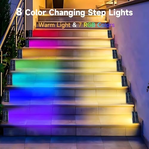 Solar Step Lights Outdoor, 6 Pack Solar Stair Lights Waterproof, Warm White/7 RGB Colors Deck Lighting for Outside Garden Stair, Deck, Fence, Front Step, Front Porch, and Patio Decor - Image 2