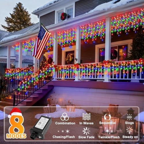 KNONEW Christmas Lights Outdoor Decorations 400 LED 33ft 8 Modes Curtain Fairy String Light with 75 Drops, Clear Wire LED String Light for Wedding Party Holiday Christmas Decorations Multicolor - Image 2