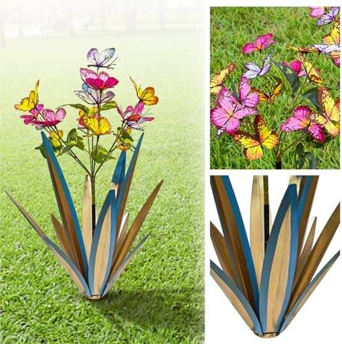 TOMBABY Garden Outdoor Butterfly Enlarge Thickened Wind Resistant Metal Agave Garden Art Metal Plant Country Sculpture Statue Decorations Ornaments Artificial Waterproof Butterflies (Blue 3pcs) - Image 4
