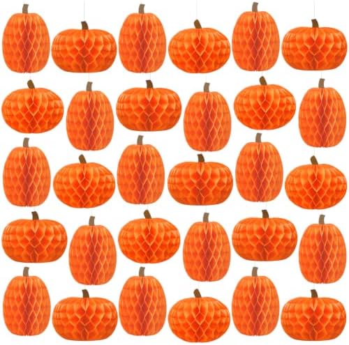 Gueevin 30 Pcs Fall Pumpkin Hanging Decorations Thanksgiving Pumpkin Honeycomb Balls Lanterns for Harvest Thanksgiving Party Supplies Indoor Outdoor Halloween Decor by Gueevin